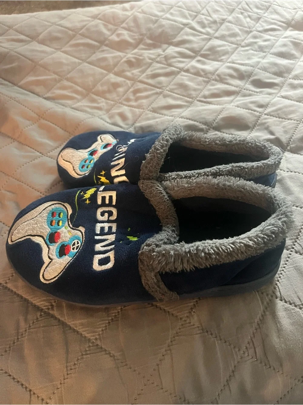 wonder nation Navy 'Gaming Legend' Kids Slippers with Gray Faux Fur Trim